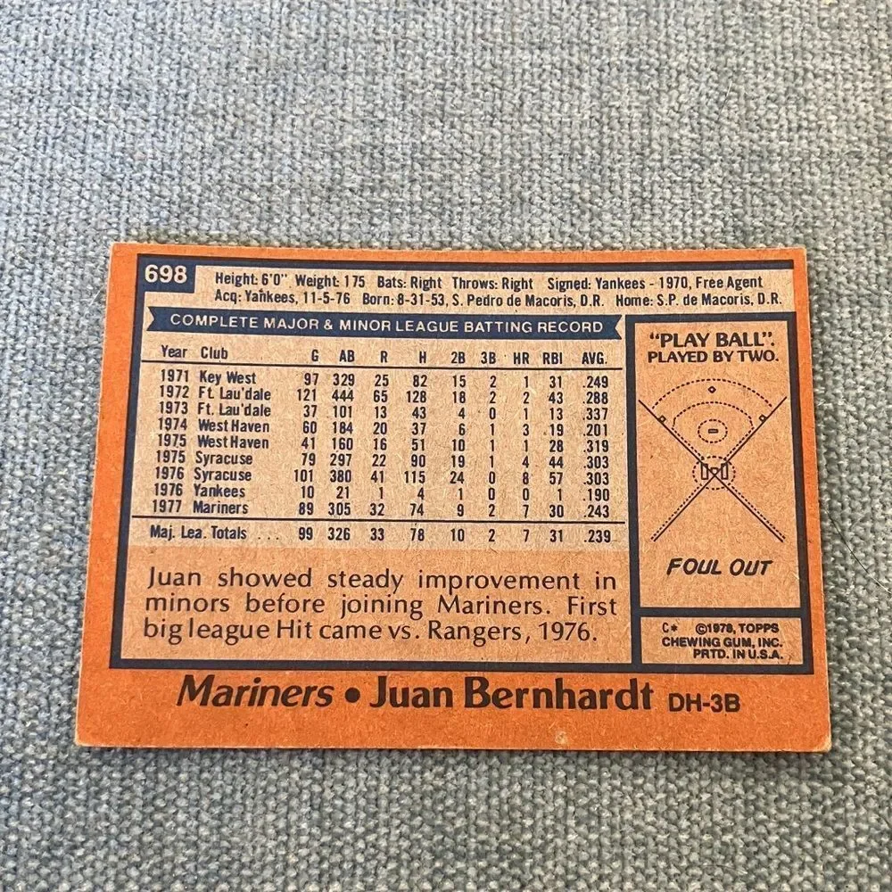 1978 Topps Seattle Mariners Baseball Card Trading Card